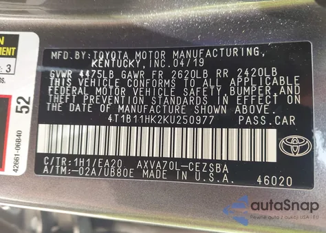 2019 Toyota Camry Se из США, поврежденный, VIN 4T1B11HK2KU250977